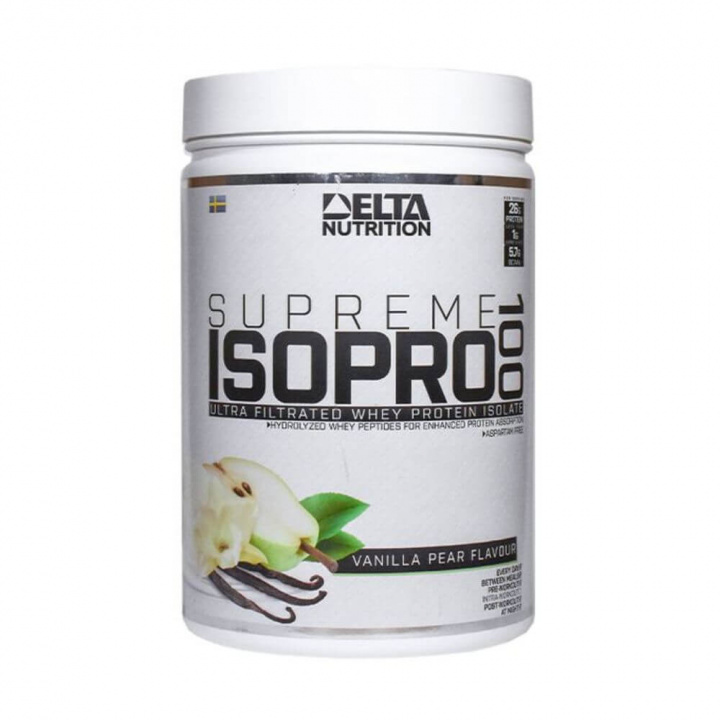 Delta Nutrition Supreme ISO PRO 100, 900 g (Vanilla/Pear) ryhmässä Ravintolisät & Elintarvikkeet / Proteiinijauhe / Isolaattiproteiini @ Tillskottsbolaget (DELTA854-1)