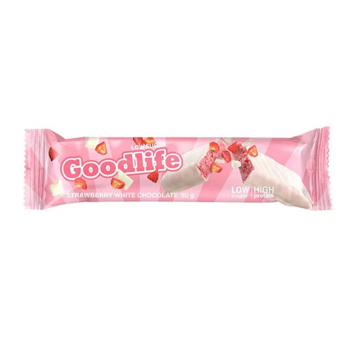 Goodlife Proteinbar LOW SUGAR, 50 g (Strawberry White Chocolate) ryhmässä Patukat / Proteiinipatukat @ Tillskottsbolaget (GOODLIFE7564-9)