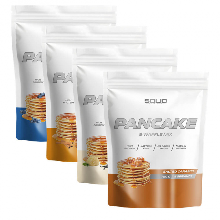 4 x SOLID Nutrition Pancake & Waffle Mix, 750 g ryhmässä Ravintolisät & Elintarvikkeet / Elintarvikkeet / Proteiiniletut @ Tillskottsbolaget (SOLID66745)