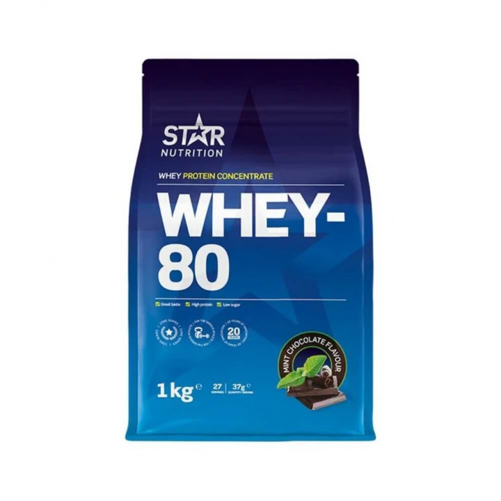 Star Nutrition Whey-80, 1 kg (Mintchoklad) ryhmässä Ravintolisät & Elintarvikkeet / Proteiinijauhe / Heraproteiini / Whey protein @ Tillskottsbolaget (STAR001-10)