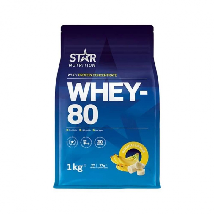 Star Nutrition Whey-80, 1 kg (Banan) ryhmässä Ravintolisät & Elintarvikkeet / Proteiinijauhe / Heraproteiini / Whey protein @ Tillskottsbolaget (STAR001-12)