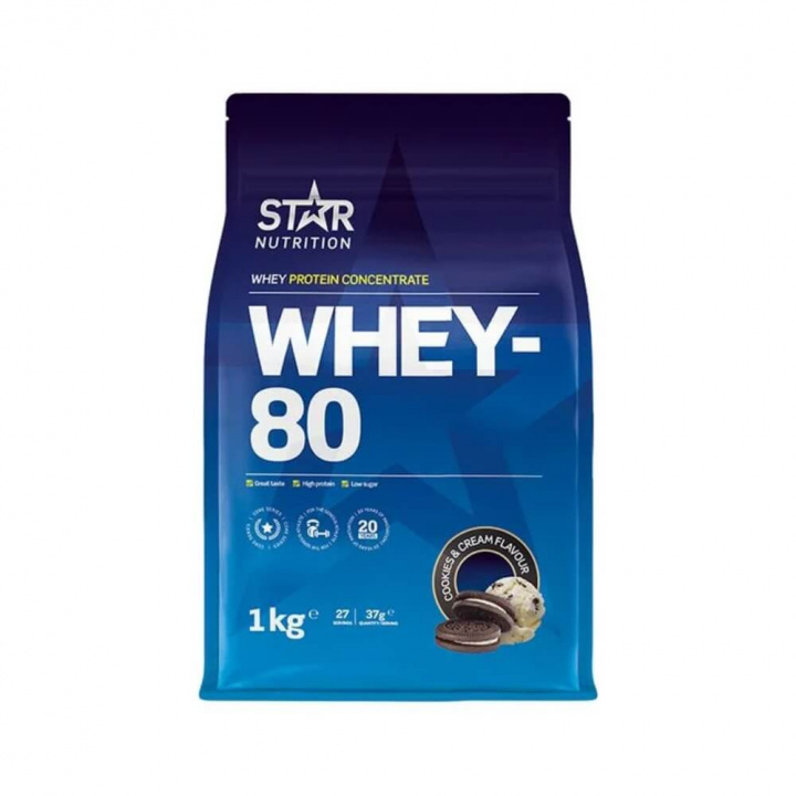 Star Nutrition Whey-80, 1 kg (Cookies & Cream) ryhmässä Ravintolisät & Elintarvikkeet / Proteiinijauhe / Heraproteiini / Whey protein @ Tillskottsbolaget (STAR001-15)