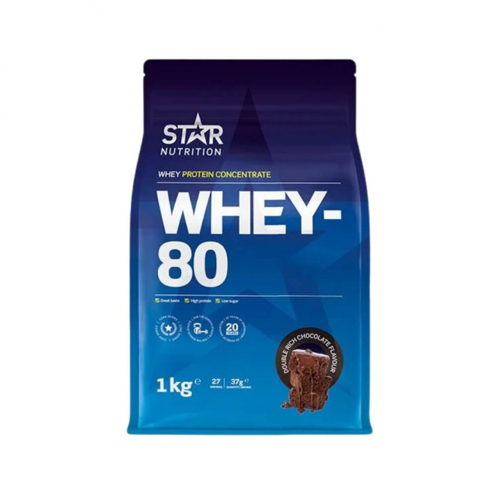 Star Nutrition Whey-80, 1 kg (Double Rich Chocolate) ryhmässä Ravintolisät & Elintarvikkeet / Proteiinijauhe / Heraproteiini / Whey protein @ Tillskottsbolaget (STAR001-16)