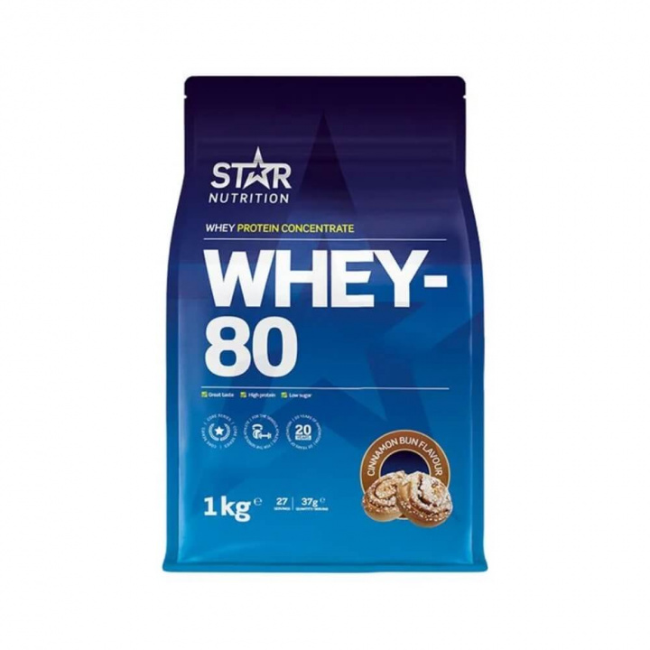 Star Nutrition Whey-80, 1 kg (Cinnamon Bun) ryhmässä Ravintolisät & Elintarvikkeet / Proteiinijauhe / Heraproteiini / Whey protein @ Tillskottsbolaget (STAR001-17)