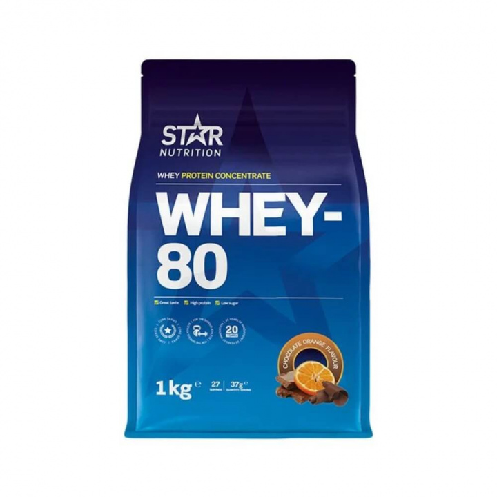 Star Nutrition Whey-80, 1 kg (Chocolate Orange) ryhmässä Ravintolisät & Elintarvikkeet / Proteiinijauhe / Heraproteiini / Whey protein @ Tillskottsbolaget (STAR001-18)