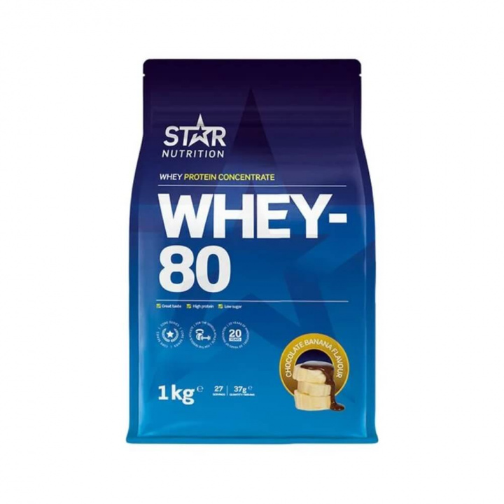 Star Nutrition Whey-80, 1 kg (Chocolate Banana) ryhmässä Ravintolisät & Elintarvikkeet / Proteiinijauhe / Heraproteiini / Whey protein @ Tillskottsbolaget (STAR001-21)