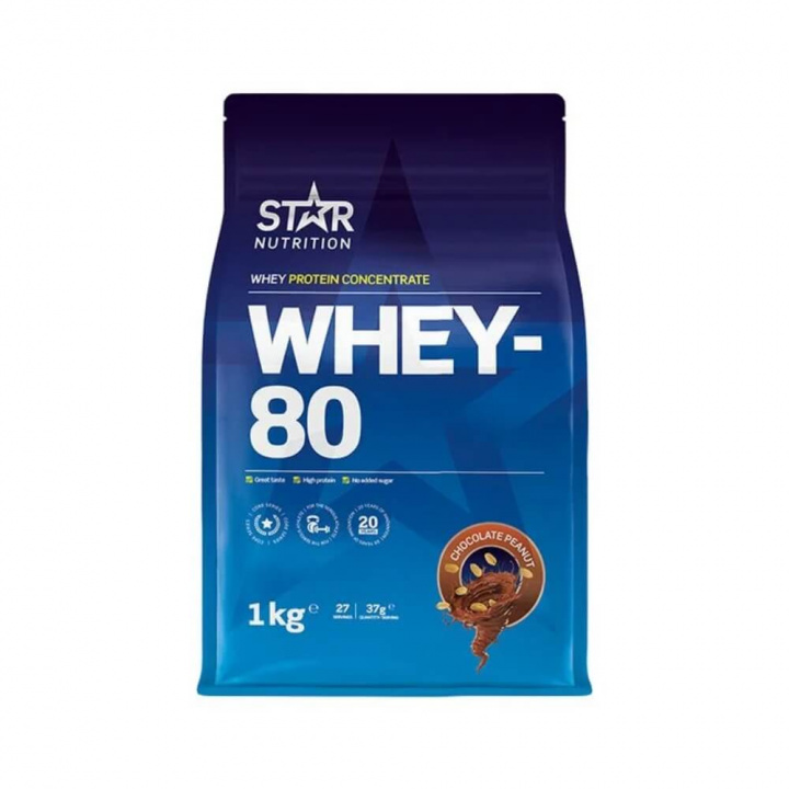 Star Nutrition Whey-80, 1 kg (Chocolate Peanut) ryhmässä Ravintolisät & Elintarvikkeet / Proteiinijauhe / Heraproteiini / Whey protein @ Tillskottsbolaget (STAR001-23)