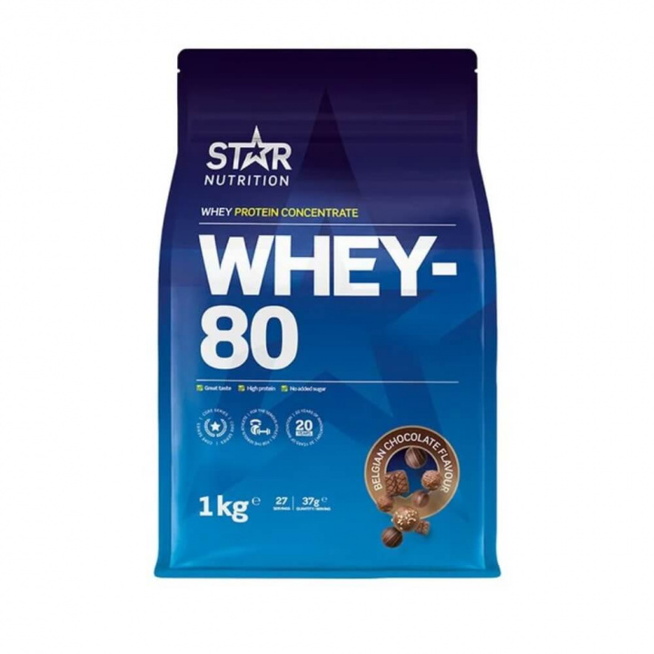 Star Nutrition Whey-80, 1 kg (Belgian Chocolate) ryhmässä Ravintolisät & Elintarvikkeet / Proteiinijauhe / Heraproteiini / Whey protein @ Tillskottsbolaget (STAR001-24)