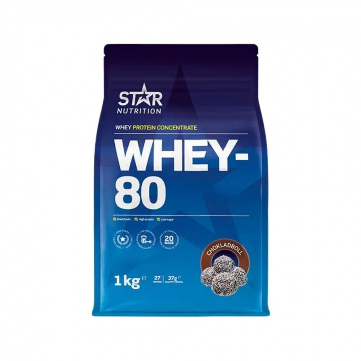 Star Nutrition Whey-80, 1 kg (Chokladboll) ryhmässä Ravintolisät & Elintarvikkeet / Proteiinijauhe / Heraproteiini / Whey protein @ Tillskottsbolaget (STAR001-4)