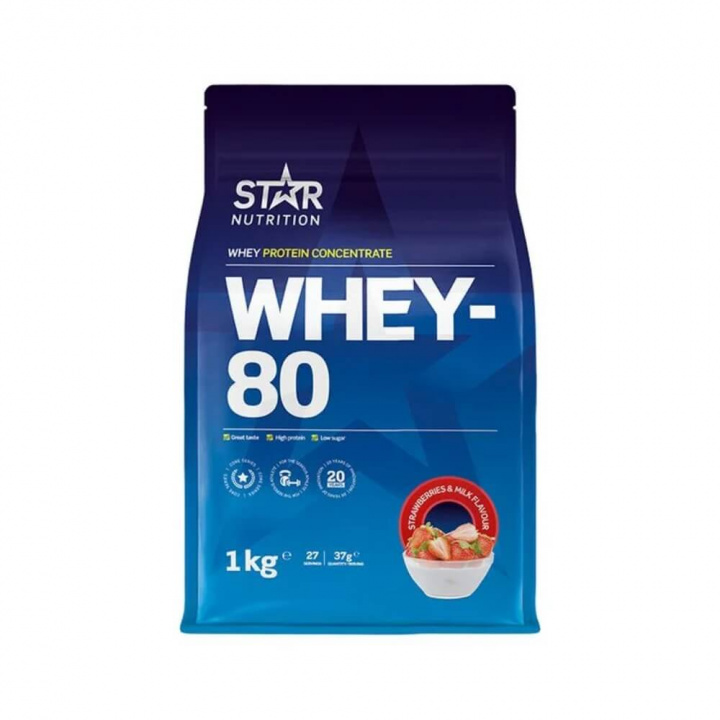 Star Nutrition Whey-80, 1 kg (Strawberries and Milk) ryhmässä Ravintolisät & Elintarvikkeet / Proteiinijauhe / Heraproteiini / Whey protein @ Tillskottsbolaget (STAR001-5)