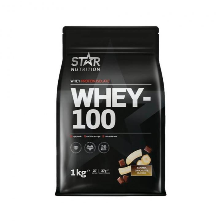 Star Nutrition Whey-100, 1 kg (Banana Chocolate) ryhmässä Ravintolisät & Elintarvikkeet / Proteiinijauhe / Isolaattiproteiini @ Tillskottsbolaget (STAR002-12)