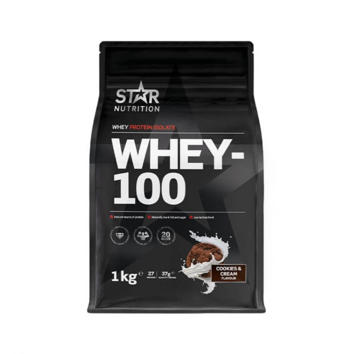 Star Nutrition Whey-100, 1 kg (Cookies & Cream) ryhmässä Ravintolisät & Elintarvikkeet / Proteiinijauhe / Isolaattiproteiini @ Tillskottsbolaget (STAR002-7)