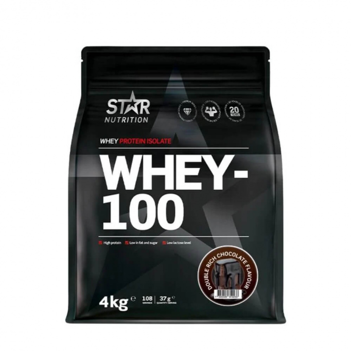 Star Nutrition Whey-100, 4 kg (Double Rich Chocolate) ryhmässä Ravintolisät & Elintarvikkeet / Proteiinijauhe / Isolaattiproteiini @ Tillskottsbolaget (STAR7533-2)