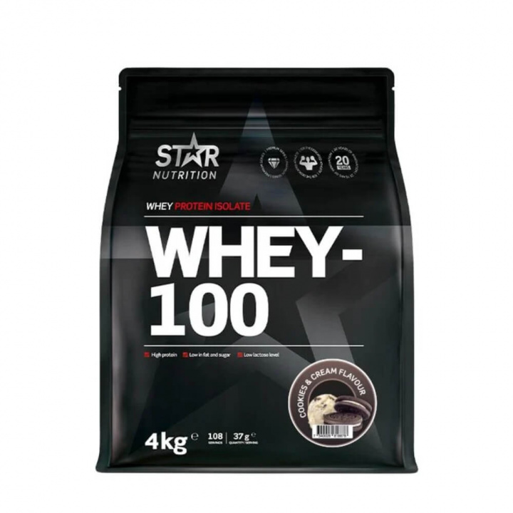 Star Nutrition Whey-100, 4 kg (Cookies & Cream) ryhmässä Ravintolisät & Elintarvikkeet / Proteiinijauhe / Isolaattiproteiini @ Tillskottsbolaget (STAR7533-4)