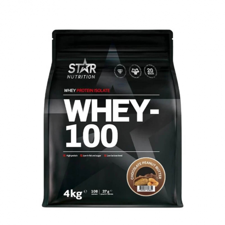 Star Nutrition Whey-100, 4 kg (Chocolate Peanut Butter) ryhmässä Ravintolisät & Elintarvikkeet / Proteiinijauhe / Isolaattiproteiini @ Tillskottsbolaget (STAR7533-5)