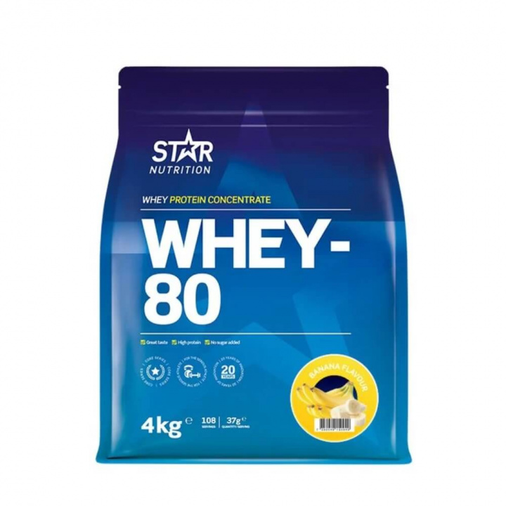 Star Nutrition Whey-80, 4 kg (Banan) ryhmässä Ravintolisät & Elintarvikkeet / Proteiinijauhe / Heraproteiini / Whey protein @ Tillskottsbolaget (STAR8422-10)