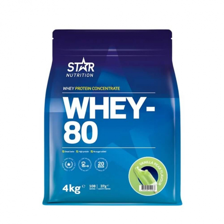 Star Nutrition Whey-80, 4 kg (Vanilla Pear) ryhmässä Ravintolisät & Elintarvikkeet / Proteiinijauhe / Heraproteiini / Whey protein @ Tillskottsbolaget (STAR8422-11)