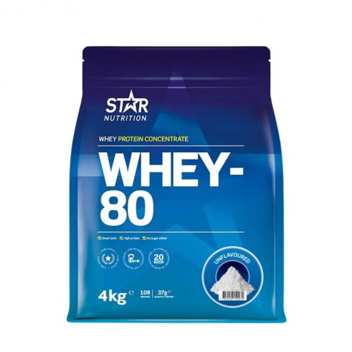 Star Nutrition Whey-80, 4 kg (Naturell) ryhmässä Ravintolisät & Elintarvikkeet / Proteiinijauhe / Heraproteiini / Whey protein @ Tillskottsbolaget (STAR8422-12)
