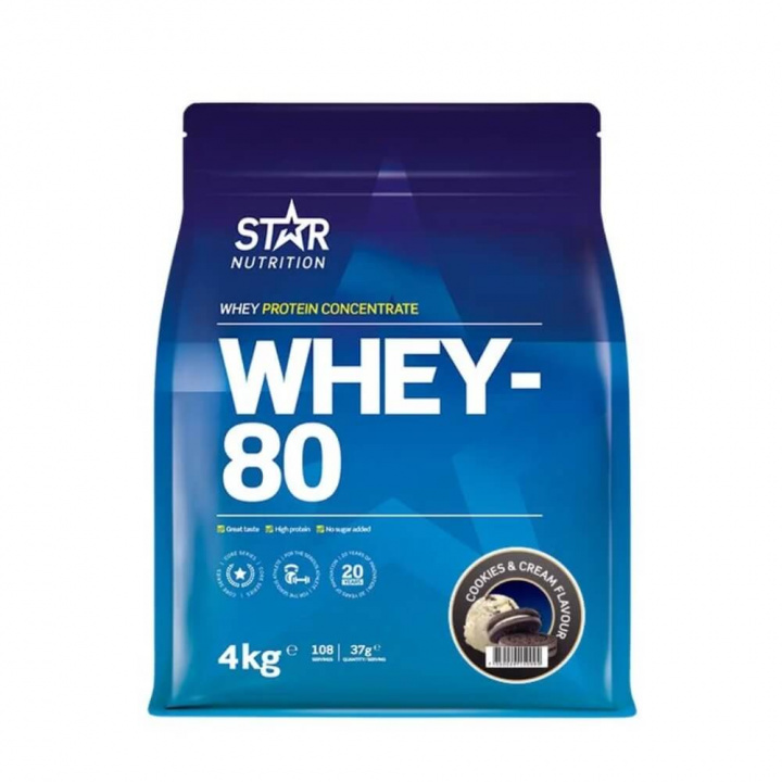 Star Nutrition Whey-80, 4 kg (Cookies & Cream) ryhmässä Ravintolisät & Elintarvikkeet / Proteiinijauhe / Heraproteiini / Whey protein @ Tillskottsbolaget (STAR8422-14)