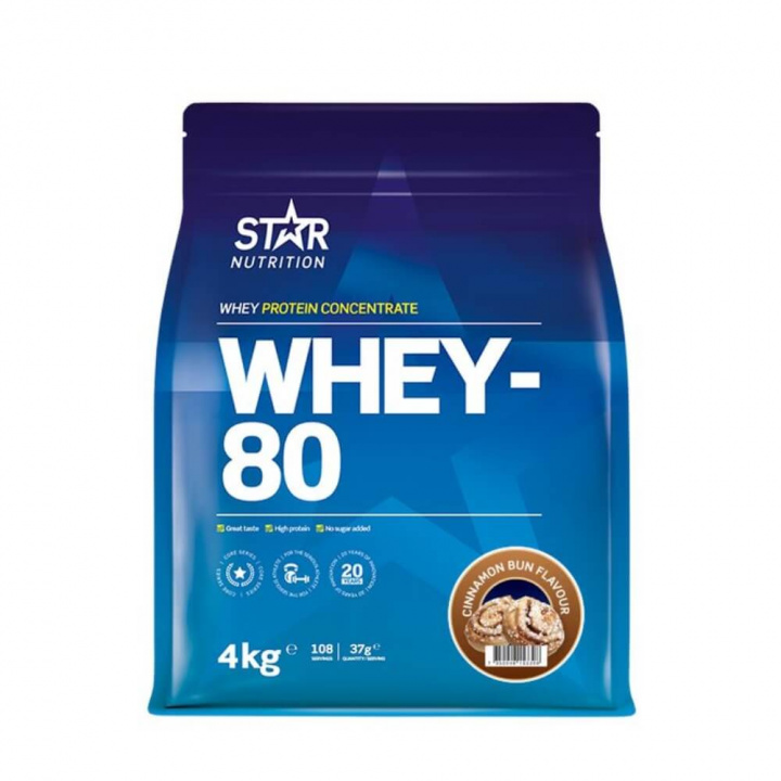 Star Nutrition Whey-80, 4 kg (Cinnamon Bun) ryhmässä Ravintolisät & Elintarvikkeet / Proteiinijauhe / Heraproteiini / Whey protein @ Tillskottsbolaget (STAR8422-1)