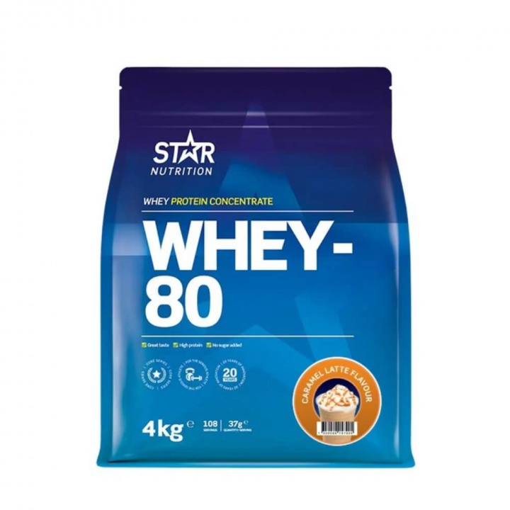 Star Nutrition Whey-80, 4 kg (Caramel Latte) ryhmässä Ravintolisät & Elintarvikkeet / Proteiinijauhe / Heraproteiini / Whey protein @ Tillskottsbolaget (STAR8422-3)
