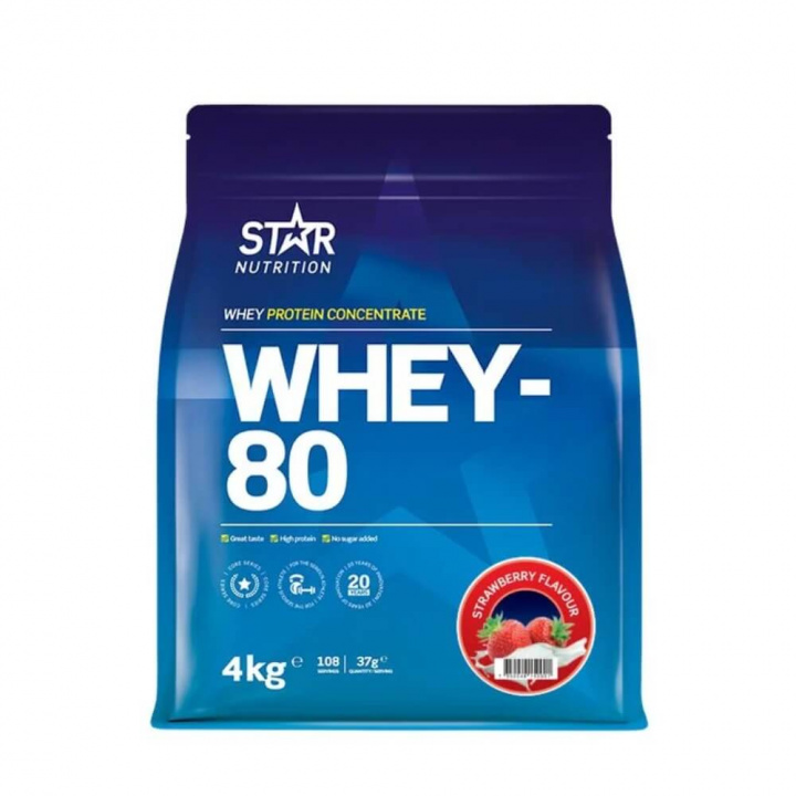 Star Nutrition Whey-80, 4 kg (Jordgubb) ryhmässä Ravintolisät & Elintarvikkeet / Proteiinijauhe / Heraproteiini / Whey protein @ Tillskottsbolaget (STAR8422-6)