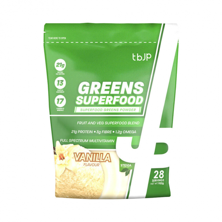 Trained By JP Superfood Greens, 952 g (Vanilla) ryhmässä Ravintolisät & Elintarvikkeet / Terveystuotteet / Superruoat @ Tillskottsbolaget (TBJP7312-1)